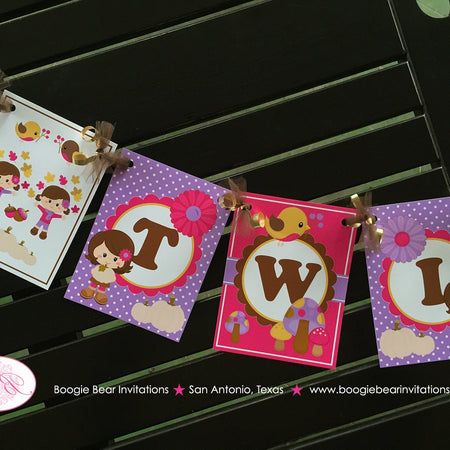 Twin Girls Woodland Birthday Party Banner Harvest Forest Pumpkin Bird Fall Autumn Country Pink Purple Boogie Bear Invitations Ivy Izzy Theme