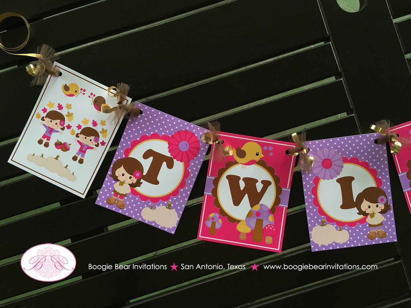 Twin Girls Woodland Birthday Party Banner Harvest Forest Pumpkin Bird Fall Autumn Country Pink Purple Boogie Bear Invitations Ivy Izzy Theme