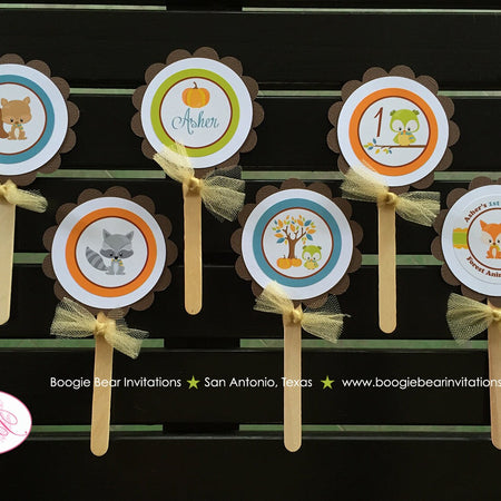 Fall Woodland Animals Cupcake Toppers Birthday Party Owl Squirrel Fox Bird Pumpkin Boy Girl Thanksgiving Boogie Bear Invitations Asher Theme