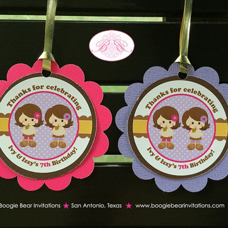 Twin Harvest Girl Birthday Party Favor Tags Autumn Fall Pumpkin Pink Thanksgiving Country Farm Barn Boogie Bear Invitations Ivy Izzy Theme
