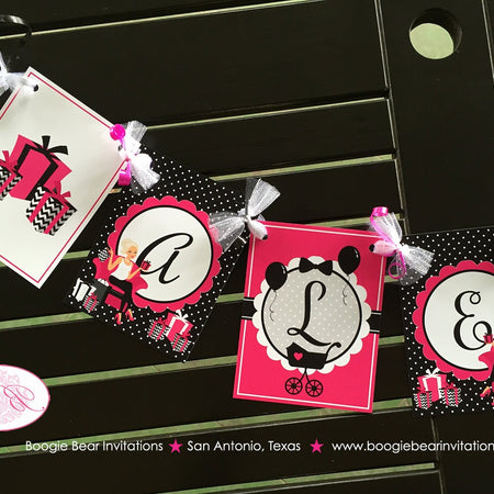 Pink Black Baby Shower Party Name Banner Modern Chic Chevron Fashionista Hot Polka Dot Stroller Boogie Bear Invitations Alexa Theme Printed