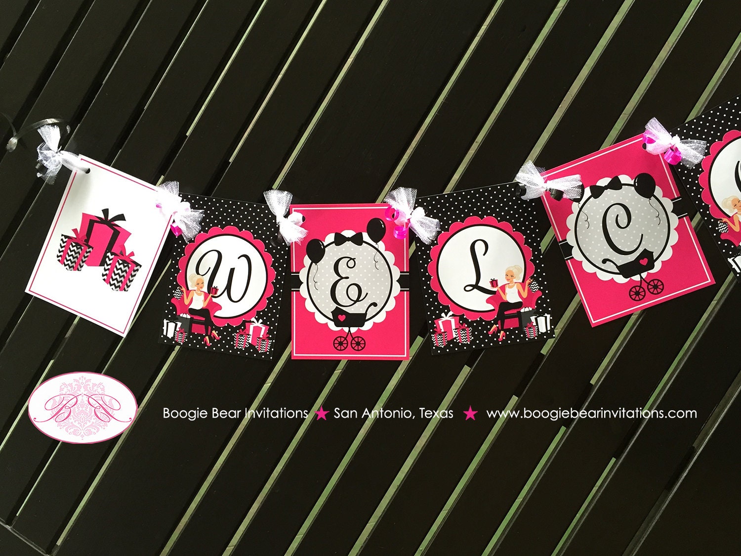 Pink Black Welcome Baby Shower Banner Party Modern Chic Girl