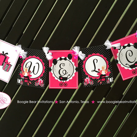 Pink Black Welcome Baby Shower Banner Party Modern Chic Girl Chevron Fashionista Hot Polka Dot Stroller Boogie Bear Invitations Alexa Theme