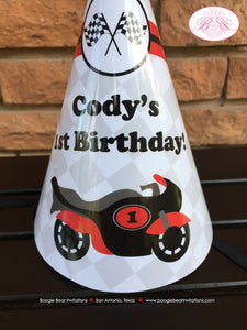 Red Motorcycle Birthday Party Hat Racing Boy Girl Black Grey Stripe Motocross Enduro Race Street Track Boogie Bear Invitations Cody Theme