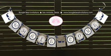 Load image into Gallery viewer, Navy Blue Whale Baby Shower Party Banner Welcome Boy Girl Royal Grey Come Little Pool Chevron Boogie Bear Invitations Kristy Theme Printed
