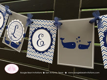 Load image into Gallery viewer, Navy Blue Whale Baby Shower Party Banner Welcome Boy Girl Royal Grey Come Little Pool Chevron Boogie Bear Invitations Kristy Theme Printed
