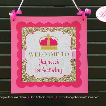 Pink Gold Princess Door Banner Birthday Party Girl Glitter Queen Crown Castle Royal Ball Formal Dance Boogie Bear Invitations Jaynece Theme