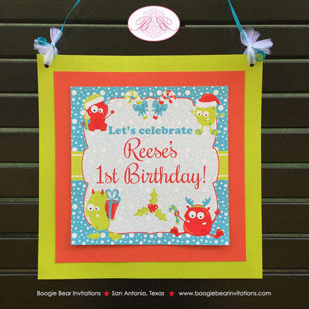 Christmas Monster Birthday Party Door Banner Winter Holiday Boy Girl Red Green Snowing Snowflake Forest Boogie Bear Invitations Reese Theme