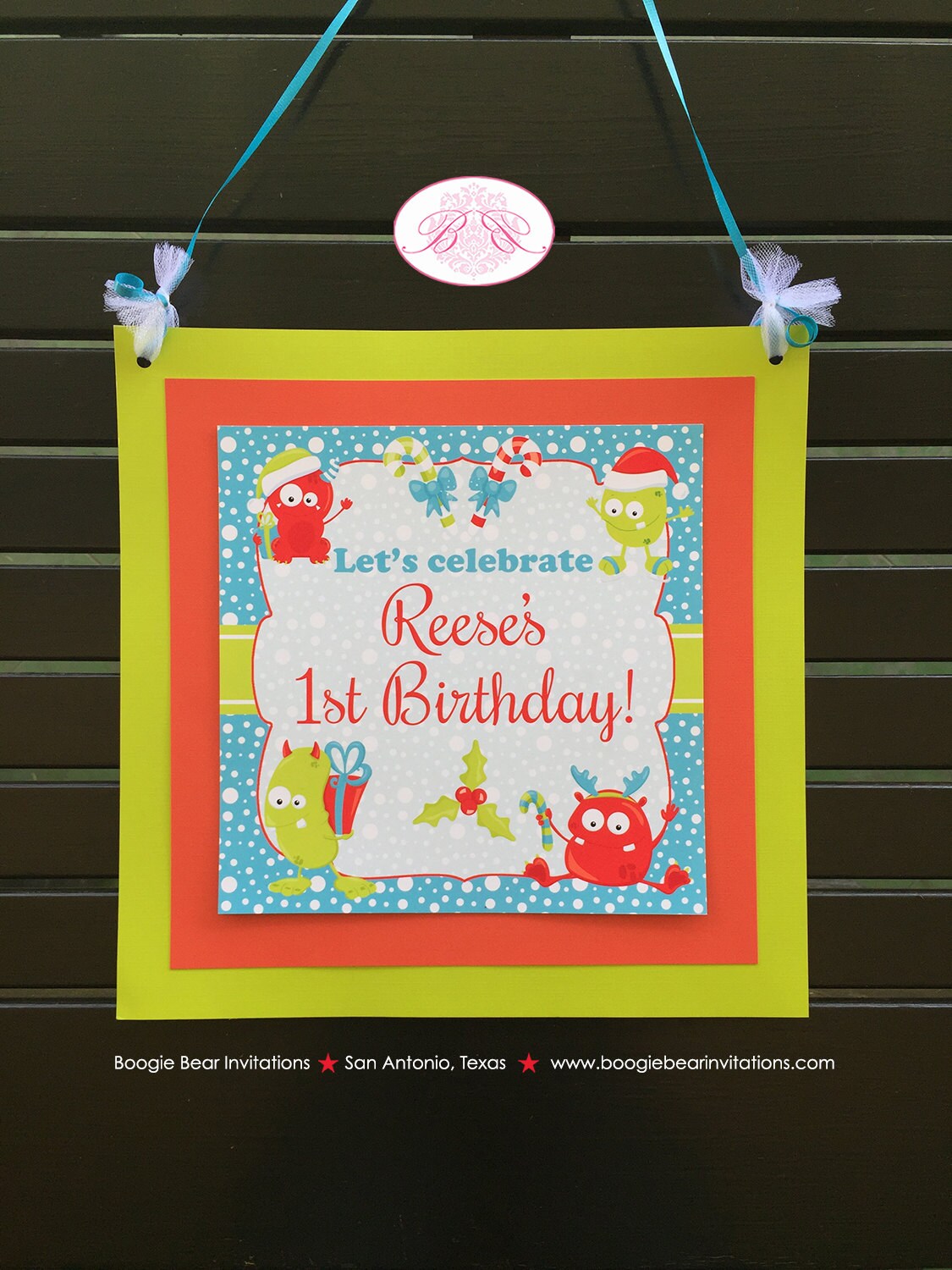 Christmas Monster Birthday Party Door Banner Winter Holiday Boy Girl Red Green Snowing Snowflake Forest Boogie Bear Invitations Reese Theme