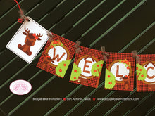 Load image into Gallery viewer, Little Moose Welcome Baby Shower Party Banner Birthday Red Forest Woodland Animals Boy Girl Plaid 1st Boogie Bear Invitations Valerie Theme