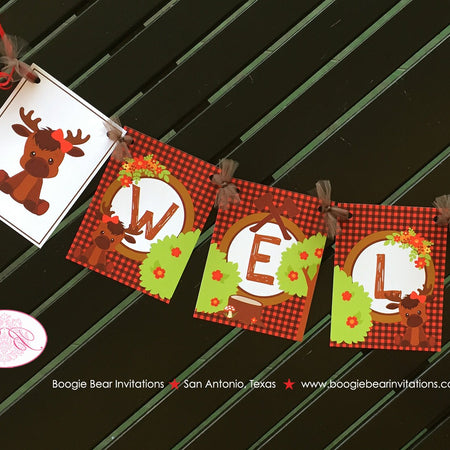 Little Moose Welcome Baby Shower Party Banner Birthday Red Forest Woodland Animals Boy Girl Plaid 1st Boogie Bear Invitations Valerie Theme