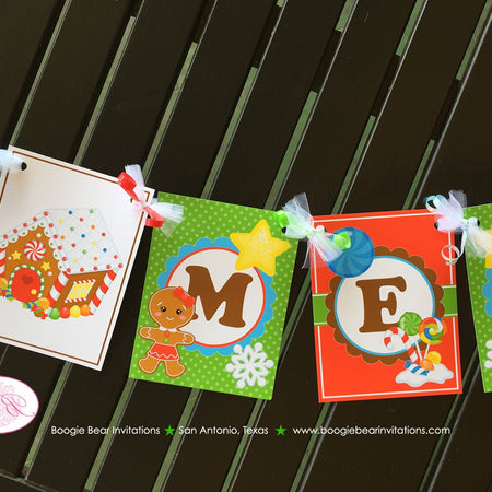Gingerbread Girl Merry Christmas Banner Party Red Winter Lollipop Snowflake Snow Cookie Sweet Birthday Boogie Bear Invitations Gretel Theme