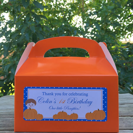 Blue Pumpkin Party Treat Boxes Favor Tags Bag Birthday Boy Fall Orange Harvest Barn Fall Country Autumn Boogie Bear Invitations Colin Theme