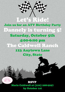 ATV Green Birthday Party Invitation Mountain Girl Boy All Terrain Vehicle Quad 4 Wheeler Black Boogie Bear Invitations Dannely Theme Printed