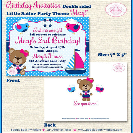 Nautical Sailor Girl Birthday Party Invitation Pink Blue Bird Sailing Boat Boogie Bear Invitations Meryl Theme Paperless Printable Printed
