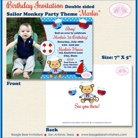 Sailor Monkey Boy Birthday Photo Party Invitation Red Blue Boat Nautical Boogie Bear Invitations Marlin Theme Paperless Printable Printed