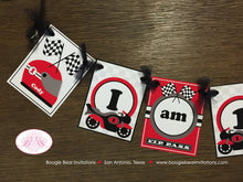 Load image into Gallery viewer, Motorcycle Birthday I am 1 Highchair Banner Party Red Black Track Driver Speed Racing Stripe Boy Girl 1st Boogie Bear Invitations Cody Theme