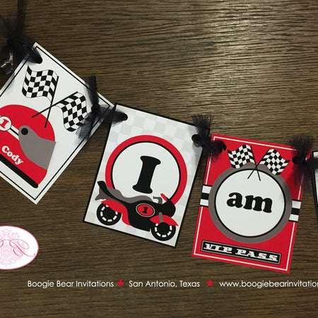 Motorcycle Birthday I am 1 Highchair Banner Party Red Black Track Driver Speed Racing Stripe Boy Girl 1st Boogie Bear Invitations Cody Theme