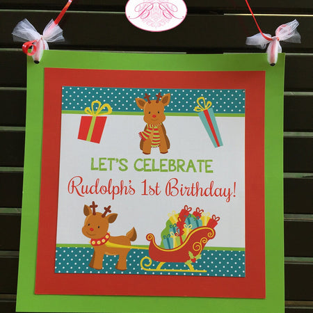 Little Reindeer Birthday Party Door Banner Christmas Winter Presents Sleigh Boy Girl Santa Claus Red Boogie Bear Invitations Rudolph Theme