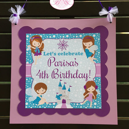 Winter Fairy Birthday Party Door Banner Girl Purple Lavender Blue Christmas Snow Snowing Magic Fairies Boogie Bear Invitations Parisa Theme