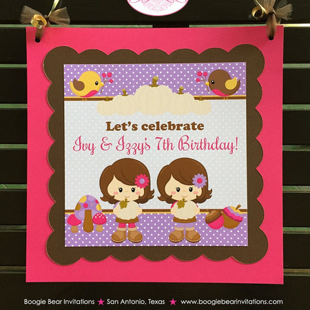 Autumn Harvest Girl Birthday Door Banner Party Twin Forest Pink Purple Fall Pumpkin Farm Thanksgiving Boogie Bear Invitations Ivy Izzy Theme