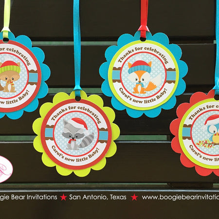 Winter Woodland Animals Party Favor Tags Baby Shower Owl Fox Boy Girl Christmas Red Santa Snow Birthday Boogie Bear Invitations Carol Theme