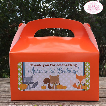 Woodland Animals Fall Birthday Treat Boxes Party Favor Tags Bag Boy Girl Pumpkin Orange Autumn Leaves Boogie Bear Invitations Asher Theme