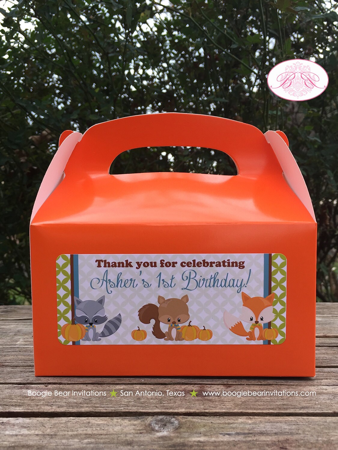 Woodland Animals Fall Birthday Treat Boxes Party Favor Tags Bag Boy Girl Pumpkin Orange Autumn Leaves Boogie Bear Invitations Asher Theme