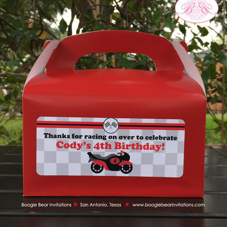 Red Motorcycle Party Treat Boxes Favor Birthday Tags Bag Boy Girl Enduro Motocross Racing Race Track Bike Boogie Bear Invitations Cody Theme