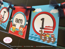 Load image into Gallery viewer, Viking Warrior Highchair I am 1 Banner Birthday Party Boy Girl Ocean Set Sail Ship Norse Fighter Blue 1st Boogie Bear Invitations Eric Theme