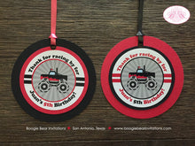 Load image into Gallery viewer, Monster Truck Birthday Party Favor Tags Red Black Grey Gray Race Jump Smash Up Show Arena Demo Racing Boogie Bear Invitations Juan Theme