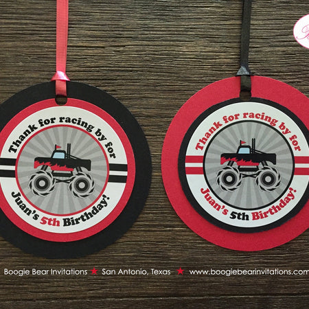 Monster Truck Birthday Party Favor Tags Red Black Grey Gray Race Jump Smash Up Show Arena Demo Racing Boogie Bear Invitations Juan Theme