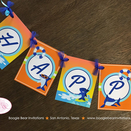 Surfer Shark Happy Birthday Party Banner Ocean Swimming Beach Boy Girl Swim Wave Pool Fish Surf Island Boogie Bear Invitations Xander Theme