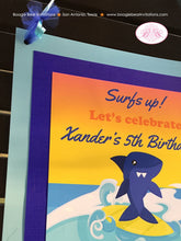 Load image into Gallery viewer, Surfer Shark Birthday Party Door Banner Beach Ocean Swimming Boy Girl Tropical Surfing Pool Surf Board Boogie Bear Invitations Xander Theme