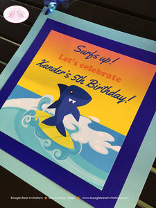 Surfer Shark Birthday Party Door Banner Beach Ocean Swimming Boy Girl Tropical Surfing Pool Surf Board Boogie Bear Invitations Xander Theme