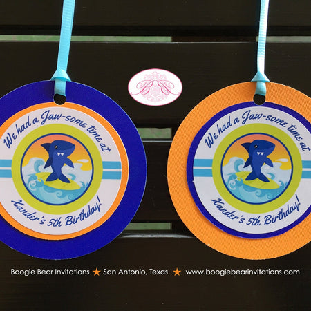 Surfer Shark Birthday Party Favor Tags Ocean Beach Tropical Swimming Swim Pool Surf Surfing Boy Girl Boogie Bear Invitations Xander Theme
