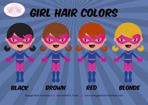 Super Girl Birthday Party Name Banner Hero Superhero Pink Navy Blue Cityscape Black Hero Pow Boom Retro Boogie Bear Invitations Dinah Theme
