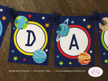 Load image into Gallery viewer, Outer Space Happy Birthday Party Banner Planets Boy Girl Astronaut Solar System Stars Galaxy Science Boogie Bear Invitations Galileo Theme