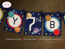 Load image into Gallery viewer, Outer Space Happy Birthday Party Banner Planets Boy Girl Astronaut Solar System Stars Galaxy Science Boogie Bear Invitations Galileo Theme