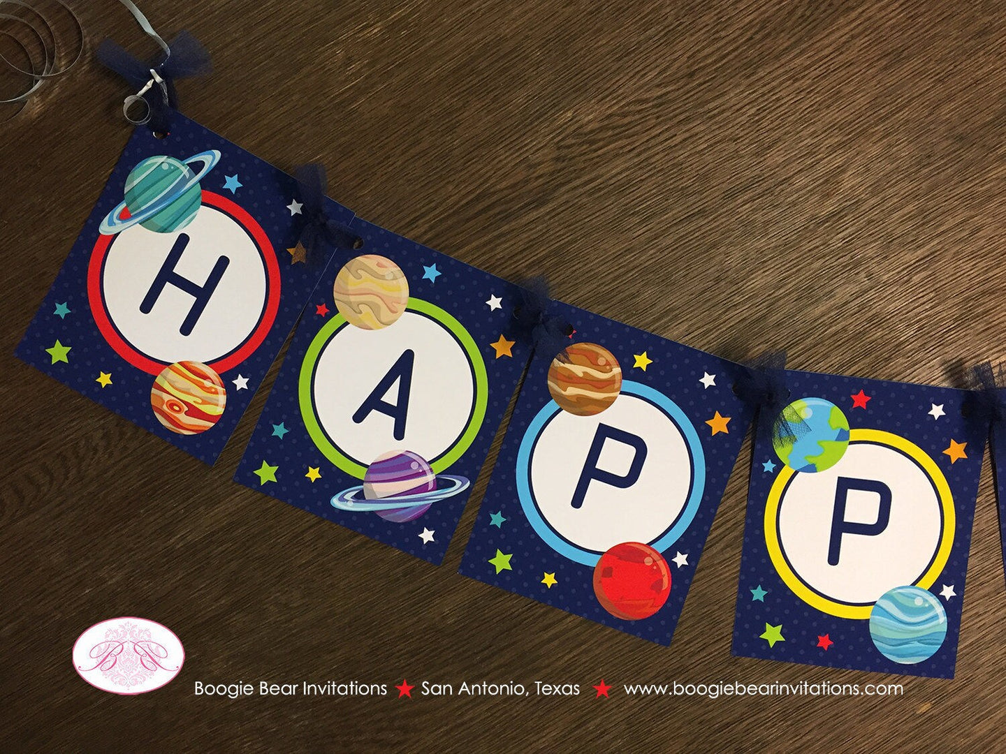 Outer Space Happy Birthday Party Banner Planets Boy Girl Astronaut Solar System Stars Galaxy Science Boogie Bear Invitations Galileo Theme