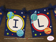 Load image into Gallery viewer, Outer Space Birthday Party Name Banner Boy Girl Science Planets Solar System Galaxy Stars Moon Orbit Boogie Bear Invitations Galileo Theme