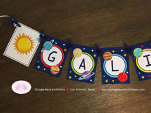 Load image into Gallery viewer, Outer Space Birthday Party Name Banner Boy Girl Science Planets Solar System Galaxy Stars Moon Orbit Boogie Bear Invitations Galileo Theme