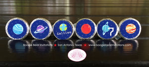 Outer Space Birthday Party Circle Stickers Candy Favor Red Planets Solar System Galaxy Stars Orbit Tag Boogie Bear Invitations Galileo Theme