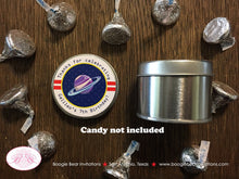 Load image into Gallery viewer, Outer Space Birthday Party Treat Favor Tins Circle Gift Box Candy Planets Solar System Galaxy Stars Boogie Bear Invitations Galileo Theme