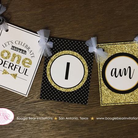 Mr. Wonderful Highchair I am 1 Banner Birthday Party Bow Tie Boy Little Man Black Onederful Gold ONE 1st Boogie Bear Invitations Owen Theme