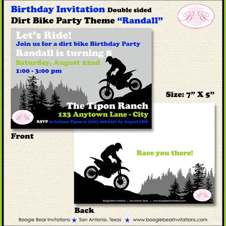 Dirt Bike Birthday Party Invitation Blue Lime Green Boy Girl Enduro Motocross Motorcycle Race Boogie Bear Invitations Randall Theme Printed