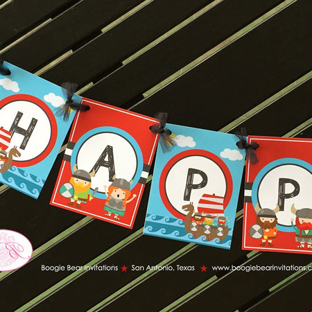 Viking Warrior Happy Birthday Party Banner Boy Girl Ocean Set Sail Ship Boat Swimming Norse Fighter Blue Boogie Bear Invitations Eric Theme