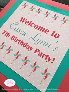 Pink Pinwheel Party Door Banner Birthday Girl Retro Teal Turquoise Aqua Spin Polka Dot Vintage Summer Boogie Bear Invitations Cassie Theme