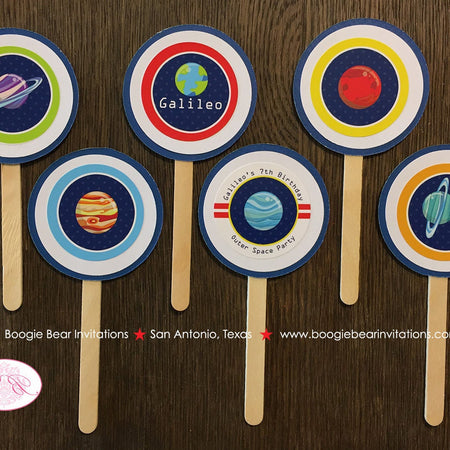 Outer Space Birthday Cupcake Toppers Party Boy Girl Science Planets Solar System Galaxy Stars Moon Set Boogie Bear Invitations Galileo Theme