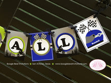 Load image into Gallery viewer, Dirt Bike Birthday Party Name Banner Blue Lime Green Boy Girl Racing Race Track Motocross Enduro Boogie Bear Invitations Randall Theme